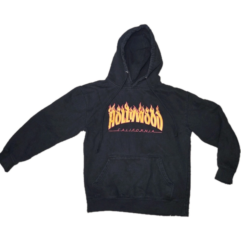 Hollywood California Flame Logo Hoodie Black Pullover Sweatshirt Small Y2K Skate